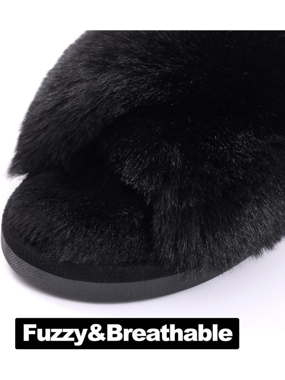 Women's Black Fuzzy Cross Band Memory Foam House Open Toe Soft Slipper Shoes - Picture 4 of 6
